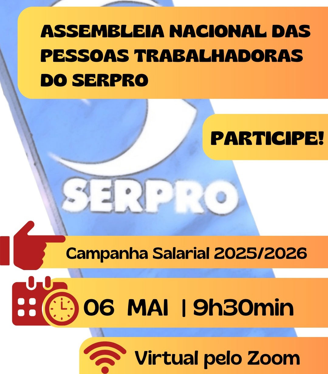Agende-se para participar da assembleia nacional das pessoas trabalhadoras do Serpro!